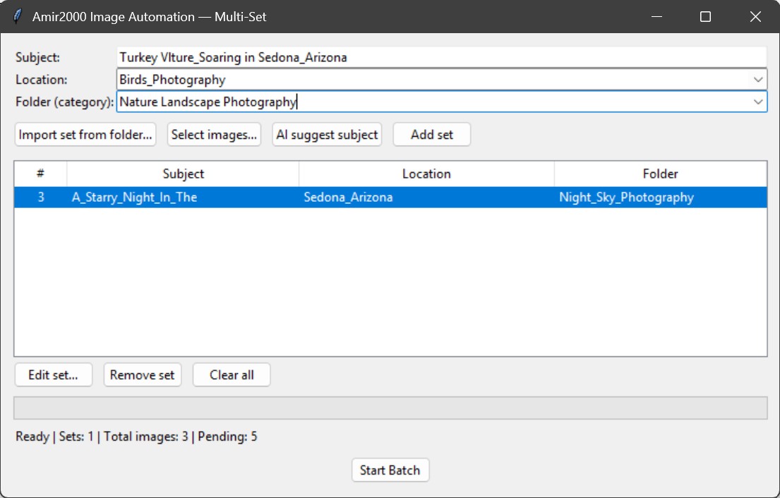 Screenshot of Multi Set window with subject and location fields and a highlighted set row