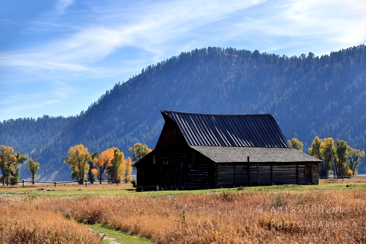 Weathered barn under foothill shadow with autumn cottonwoods and open meadow in soft sun