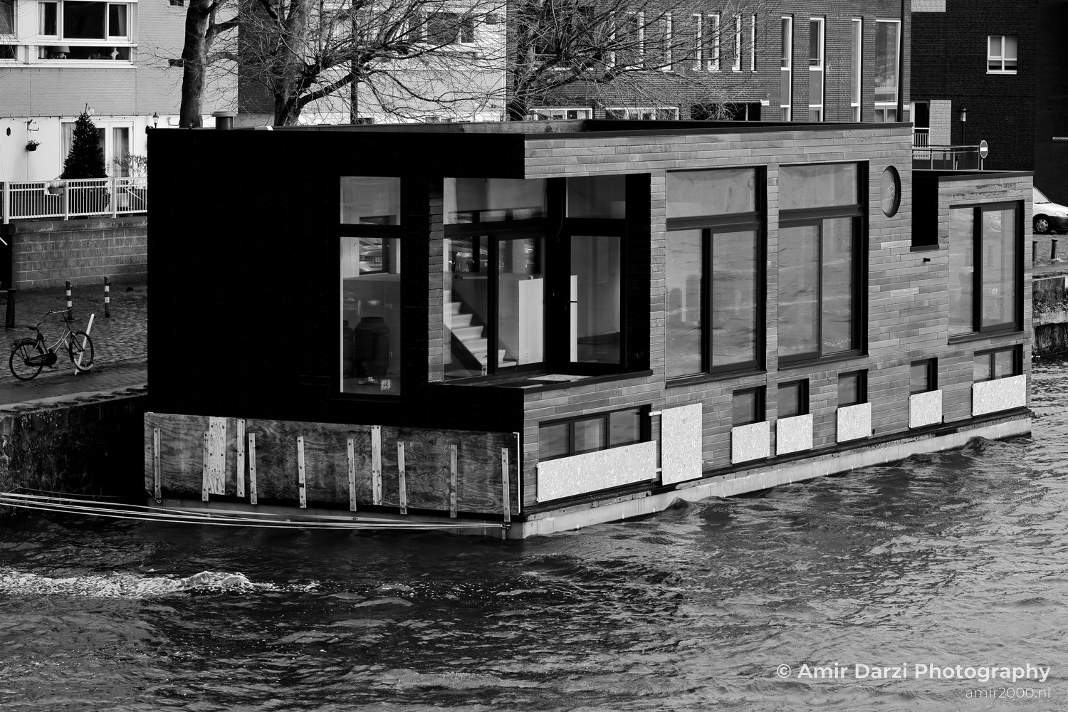 Amsterdam Black and White Boathouse Canal Reflection Netherlands Cityscape in Amsterdam Netherlands
