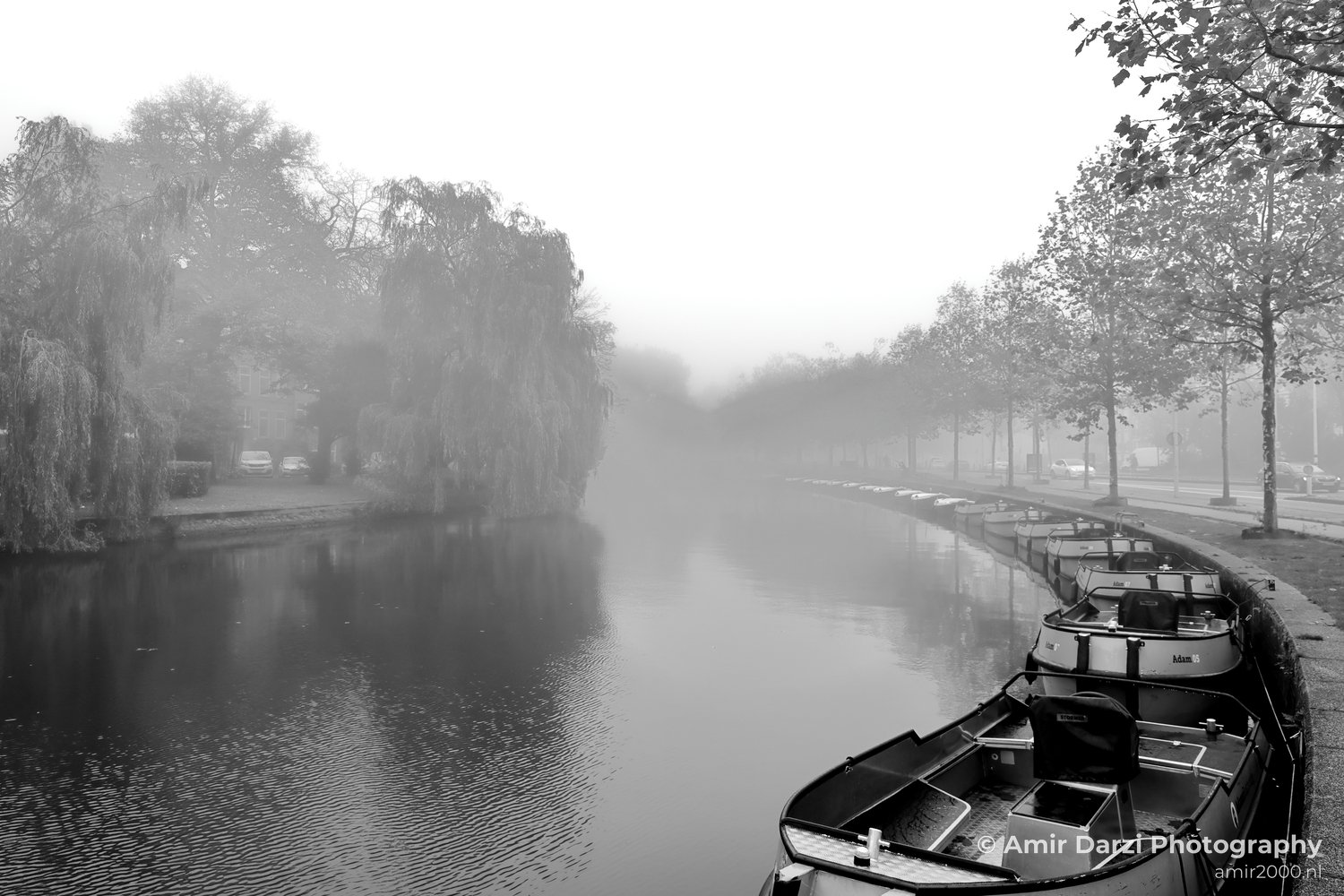 Foggy Mauritskade autumn boats reflection canal Amsterdam fall Urban Street Cityscape Netherlands in Amsterdam Netherlands