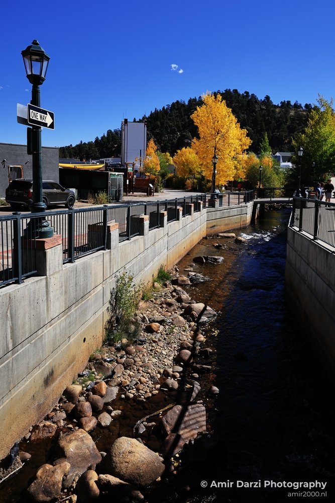 Bright yellow trees and a riverbank with rocks near the water's edge.