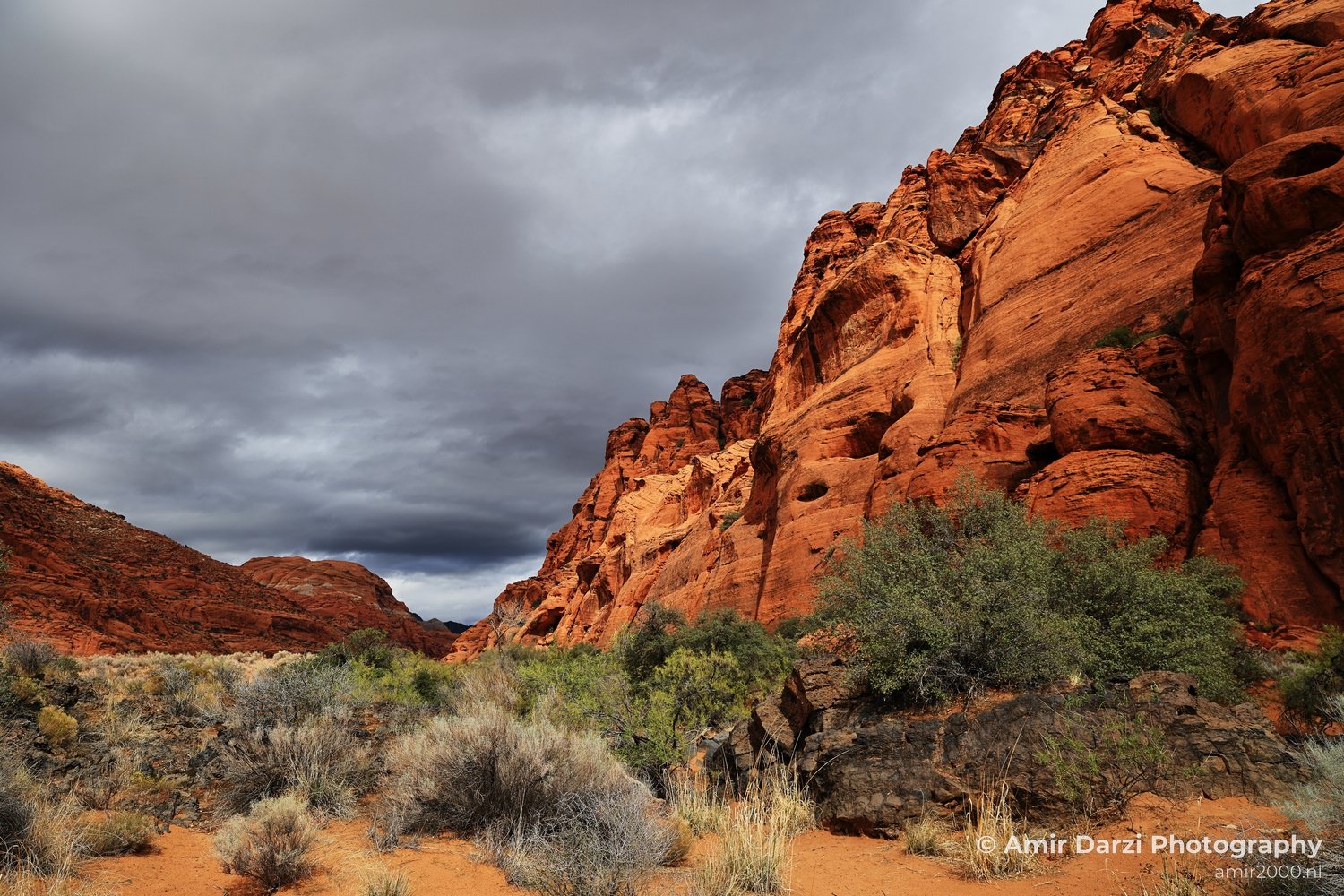 Plateau view of canyon landscape with sparse vegetation across desert ground in St George Utah.