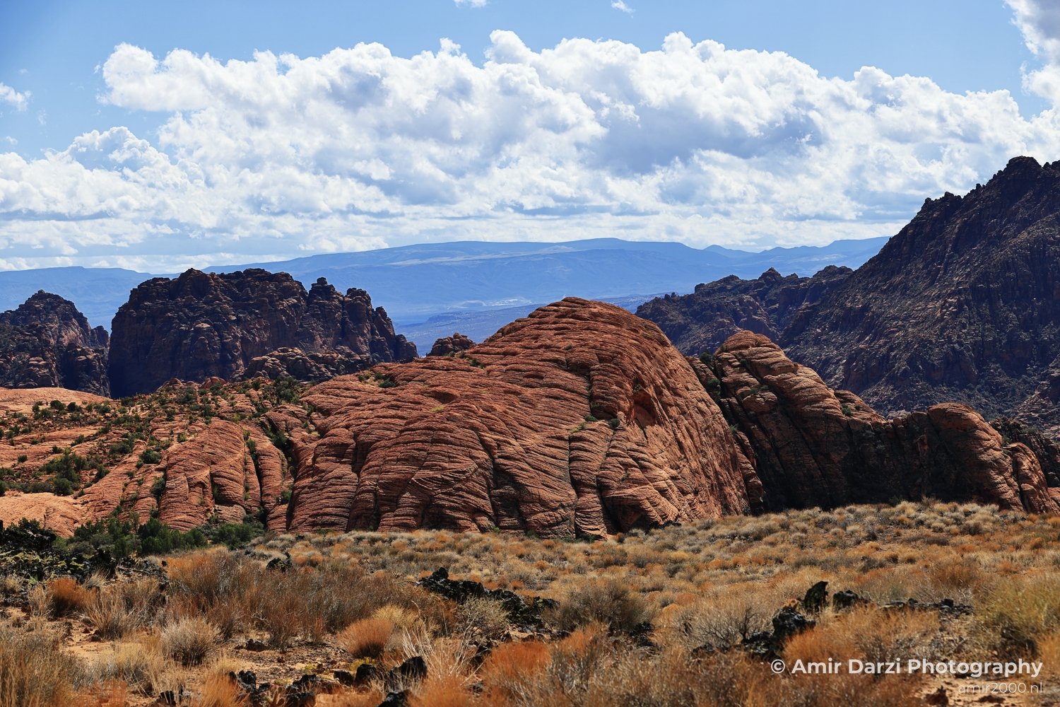 Dry desert landscape featuring layered strata and vegetation with mountains in the background.