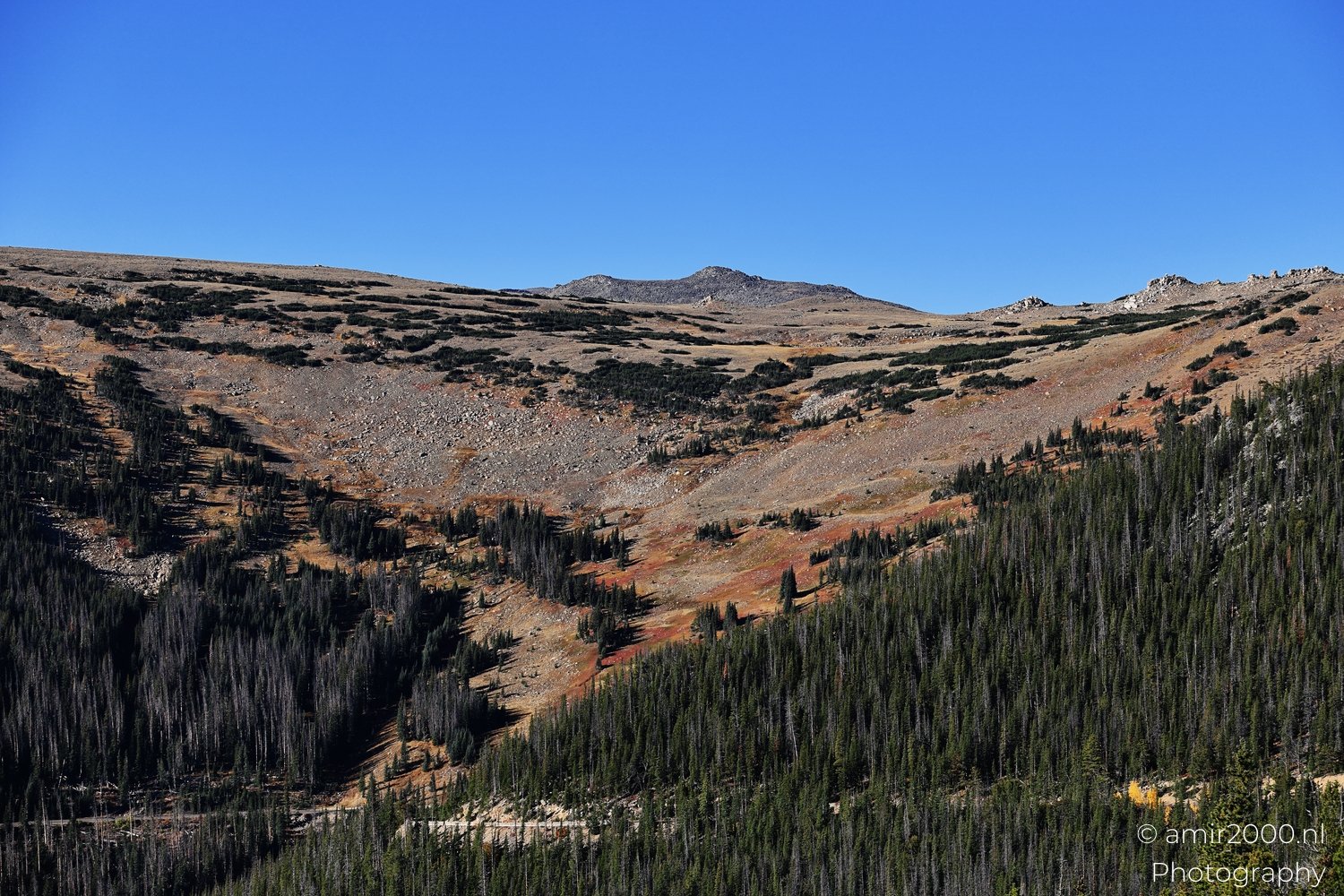 A view of the curve of the road in the Rocky Mountain National Park, with a mountainous background.