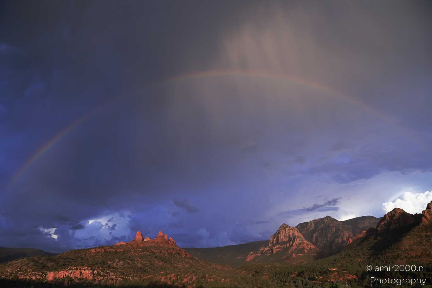 Red rock cliffs framed by yucca foreground, late sun highlights, bright rainbow band above ridgeline.
