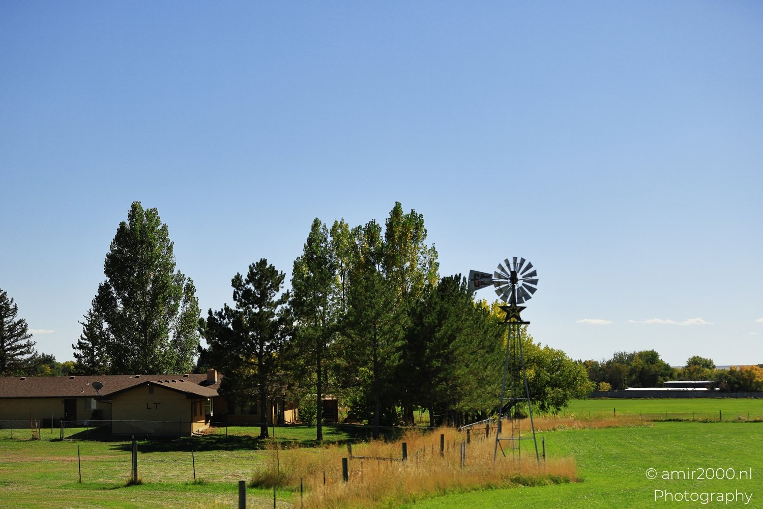 An idyllic farm scene with trees, grassy fields, and clear skies above.