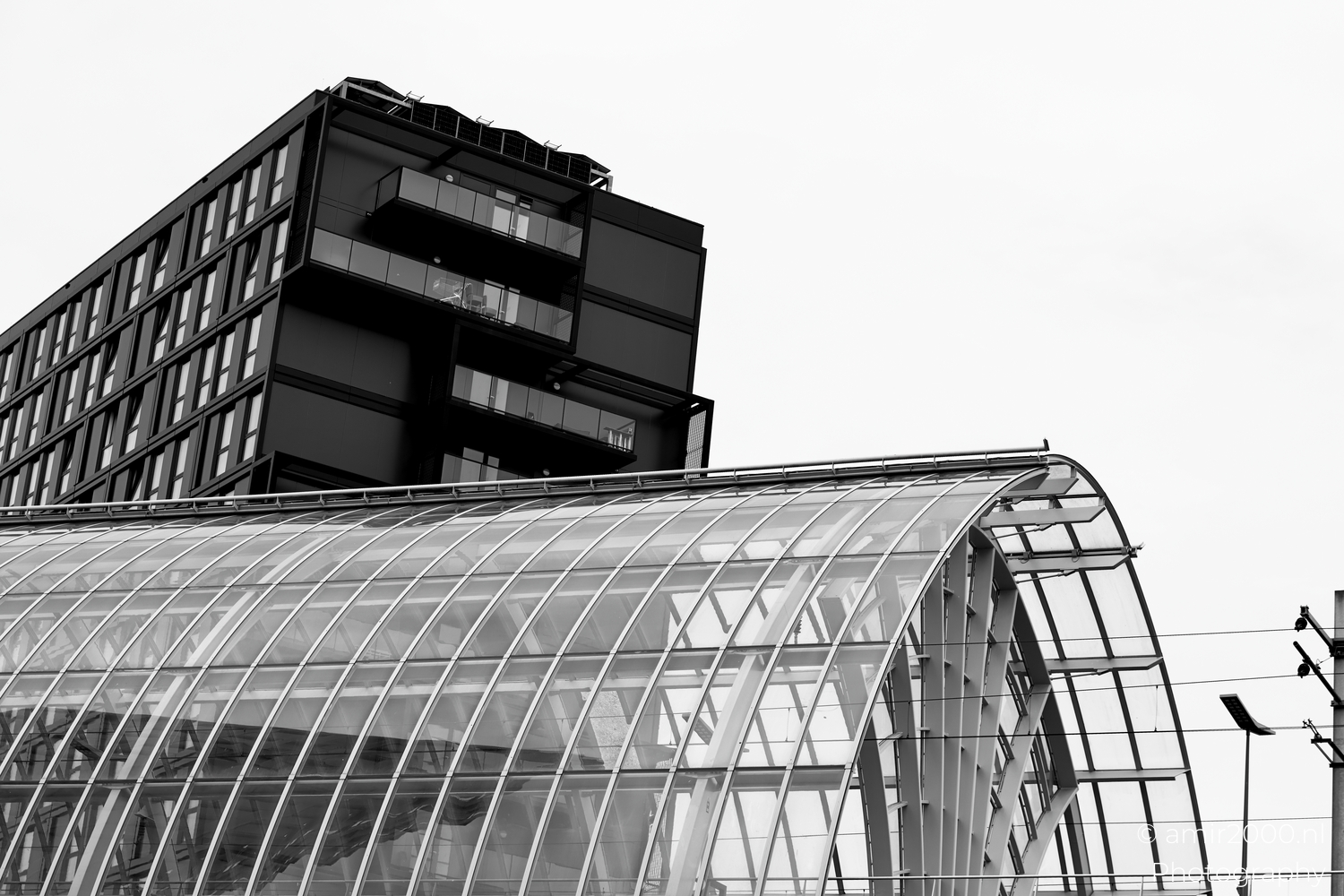 Curved glass roof of Sloterdijk station with dark apartments behind, clean lines in monochrome.
