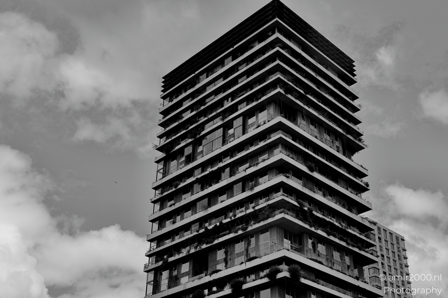 Black and white study of Vertical Sloterdijk showing banded terraces and strong contrast against the sky