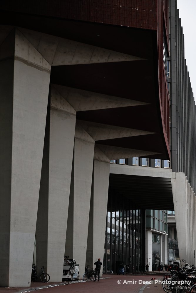 Structural view of architectural structure with strong geometric edges and shadows in Amsterdam Netherlands.