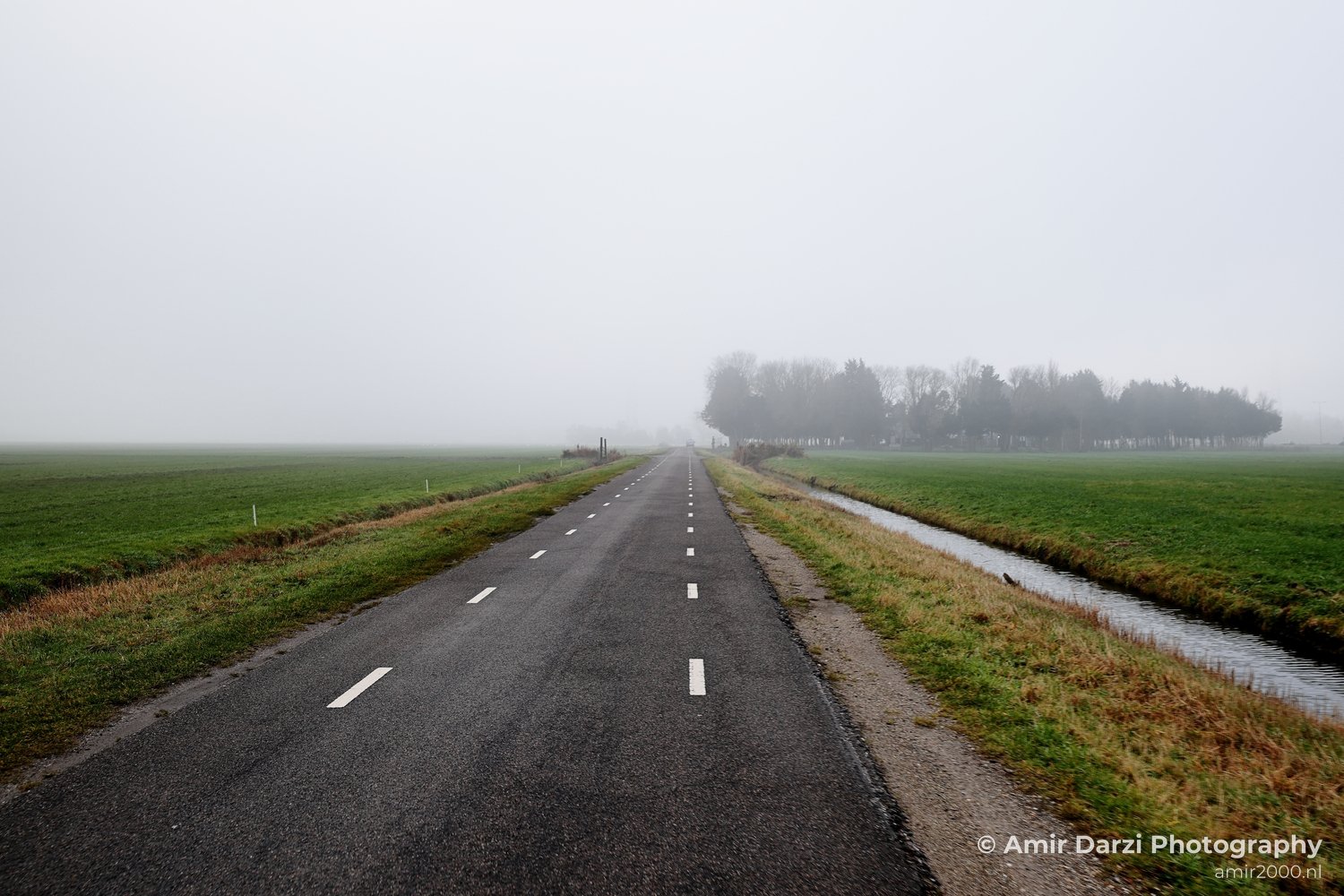 Foggy rural road near water and green fields on an overcast day.