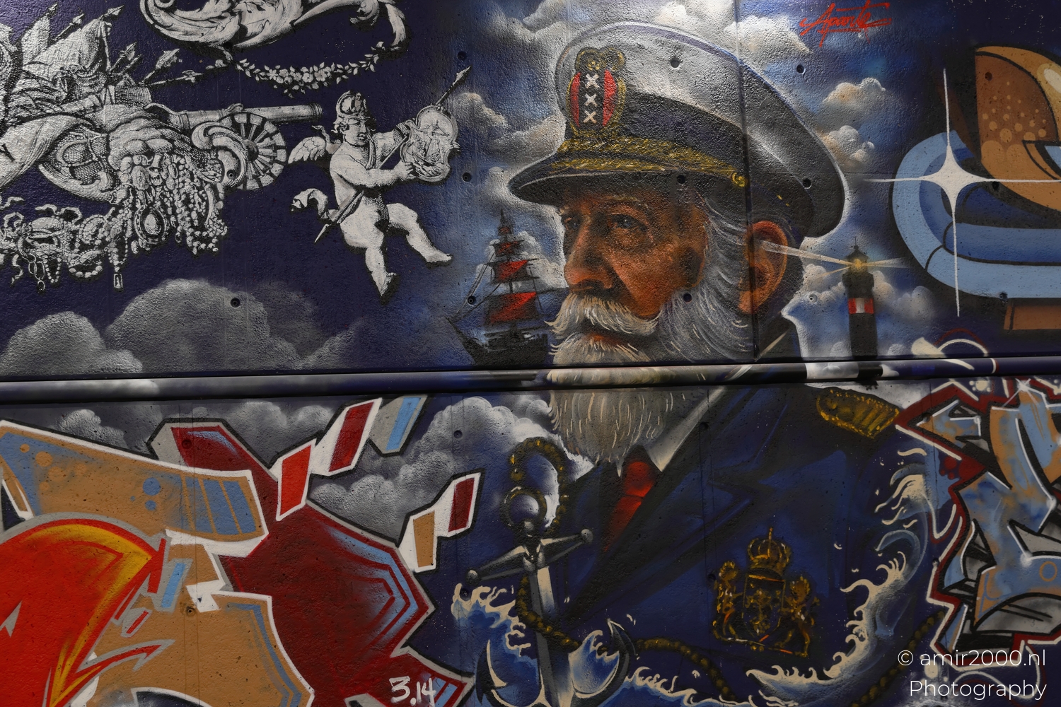 Graffiti portrait of bearded sea captain with Amsterdam crest, ship, lighthouse and stormy clouds at night