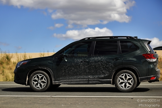 A dark-colored SUV is driving on a highway with dry grass and clear skies in the background. - image from year 2025 #007
