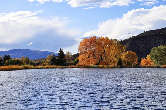 Tranquil lakeside scene during fall foliage season with vibrant orange trees and mountains in the image from year 2025 #4
