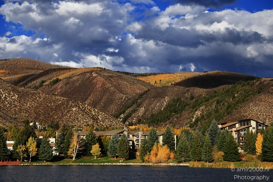 Vivid fall foliage on tall evergreen trees beside tranquil lake in Colorado. image from year 2025 #6