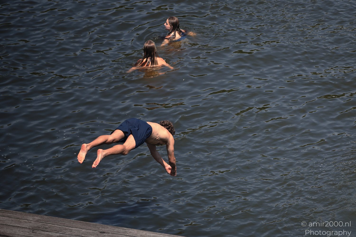 Man diving from an Amsterdam canal dock in summer