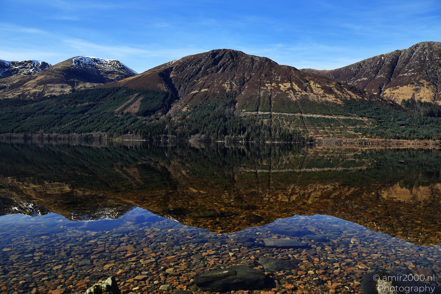 Loch Lochy reflecting Highland mountains and forest in the Great Glen