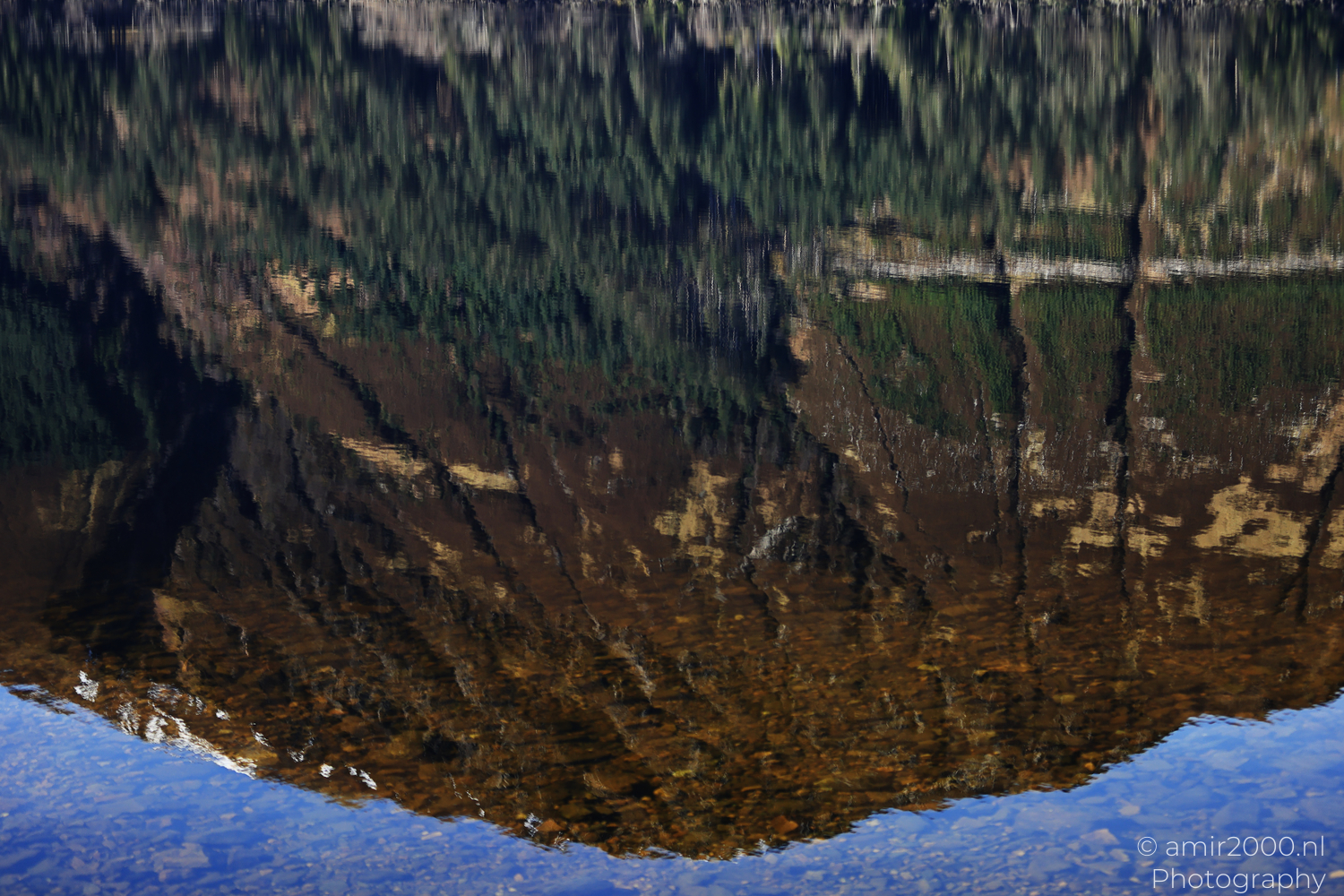 Forested hillside reflection rippling across Loch Lochy in Scotland