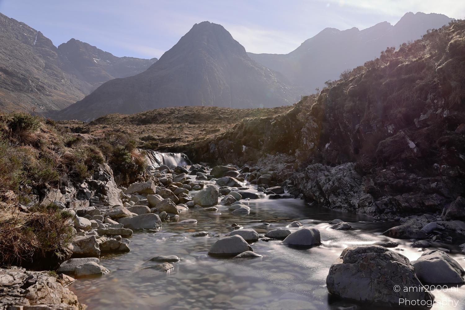 Fairy Pools burn running through boulders below the Cuillin in Glen Brittle
