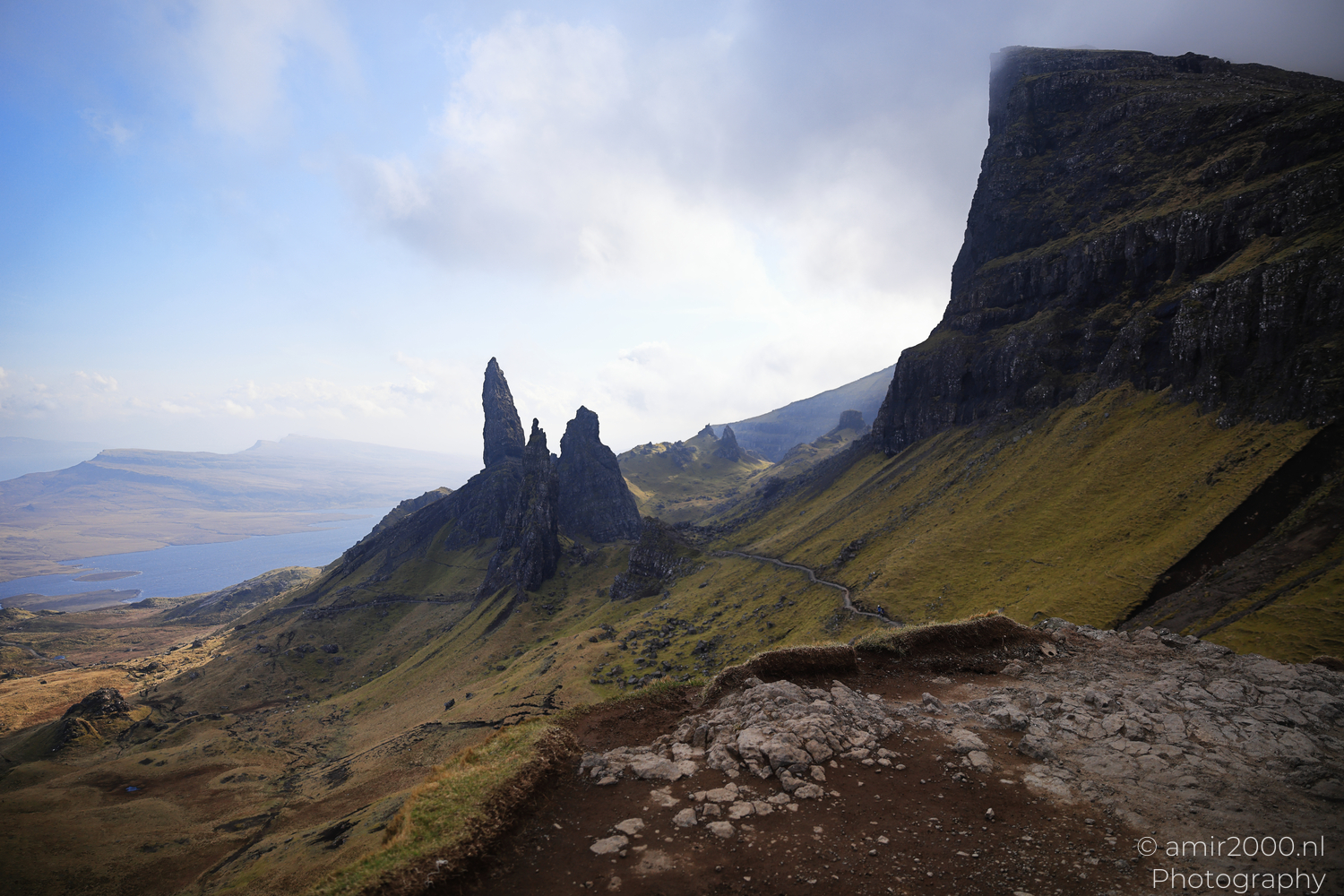 Old Man of Storr rock pinnacles below cliffs on Isle of Skye