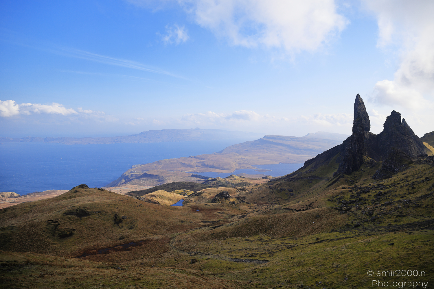 Old Man of Storr above sea and Trotternish peninsula on Isle of Skye