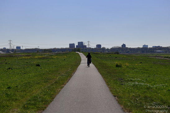 A cyclist rides along a path in a grassy field towards an urban skyline. - image from year 2026 #003