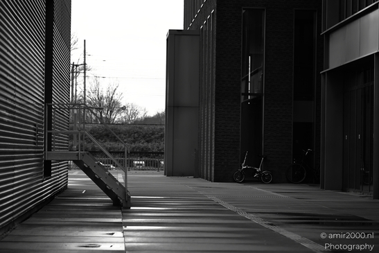 Black and white image showing an urban setting featuring bicycles parked against buildings. image from year 2026 #1