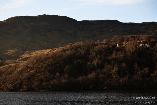 A serene landscape with a body of water in the foreground and a hillside covered with sparse - image from year 2026 #005