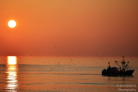 A fishing boat sails across the calm waters as the sun sets in a vivid orange sky. - image from year 2026 #012