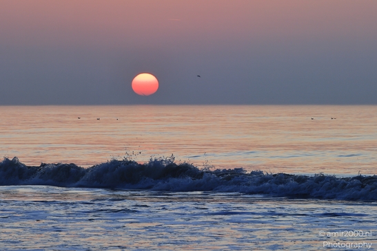 A sunset over the North Sea, with a large, reddish sun setting behind a calm sea, and a few - image from year 2026 #015