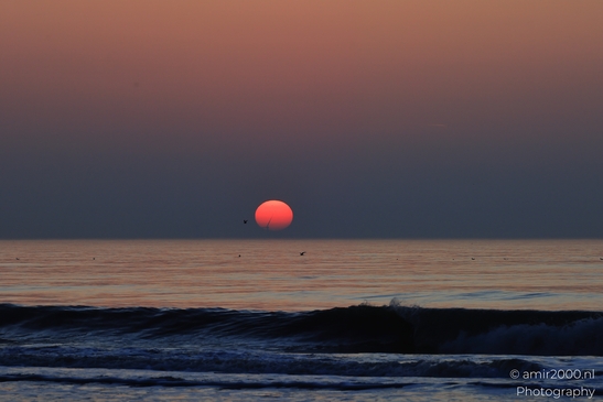 A sunset over the North Sea, with the sun partially obscured by the horizon, casting a warm, - image from year 2026 #018