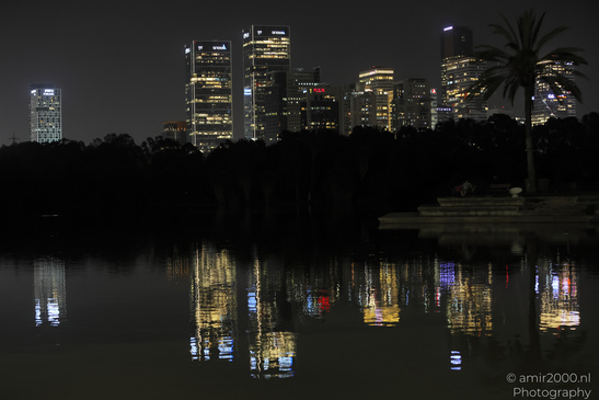 A nighttime cityscape with illuminated skyscrapers reflected on calm water, surrounded by trees - image from year 2026 #002